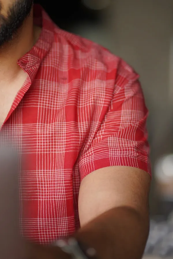 Red_Cotton_Relaxed_Fit_Checked_Short_Sleeve_Kurta_For_Men