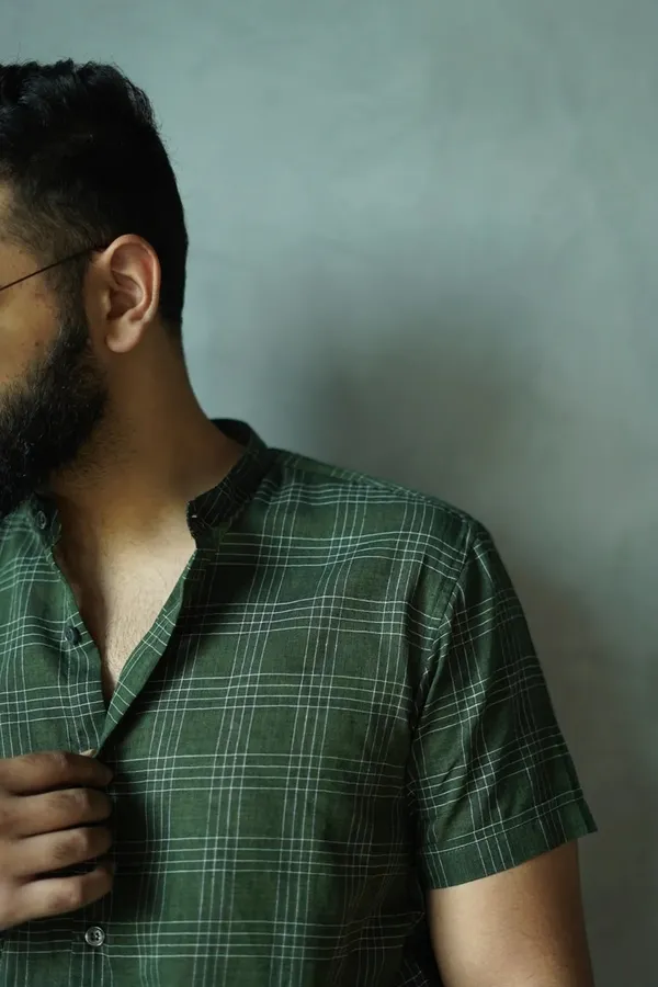 Green_Cotton_Relaxed_Fit_Mandarin_Collar_Shirt_For_Men