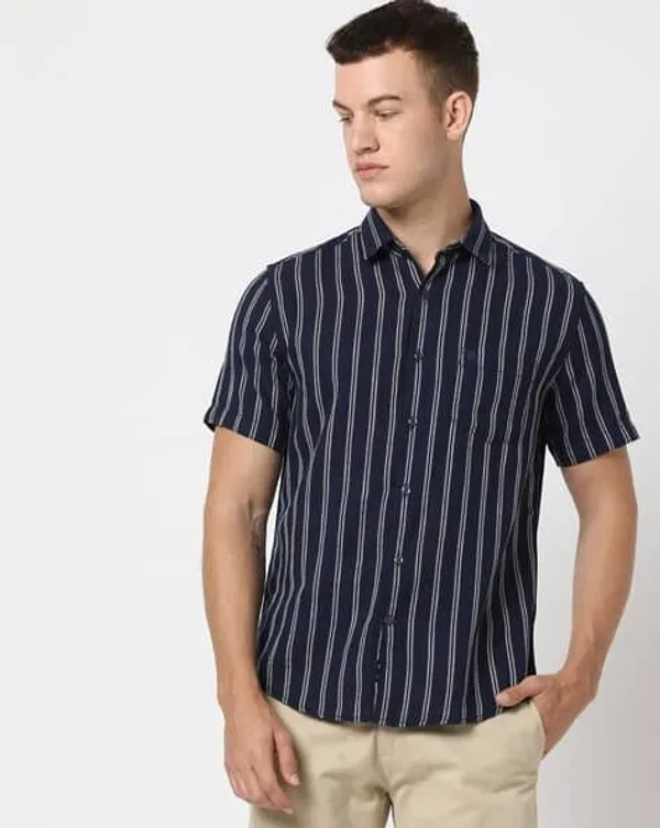 Navy_Cotton_Regular_Fit_Striped_Short_Sleeve_Shirt_For_Men