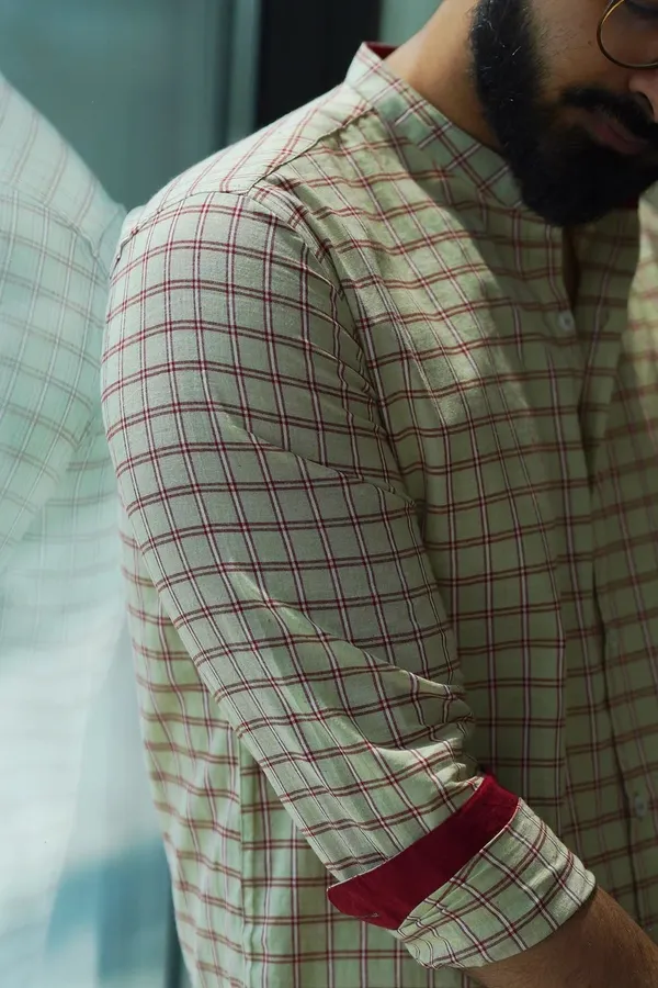 Beige_Cotton_Straight_Fit_Checked_Kurta_For_Men