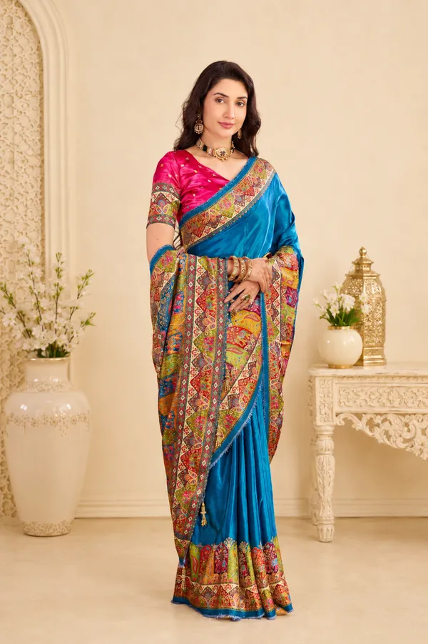 Peacock_Blue_Satin_Silk_Saree