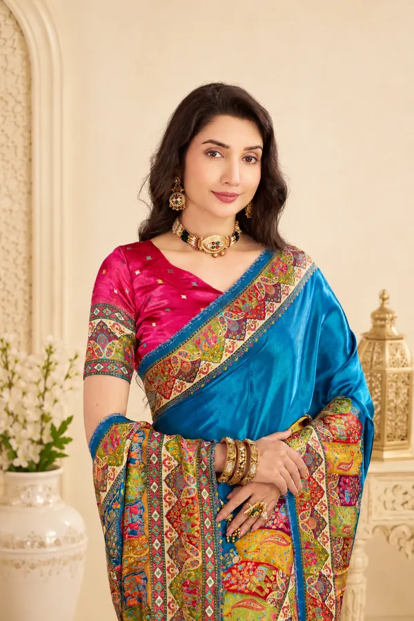 Peacock_Blue_Satin_Silk_Saree