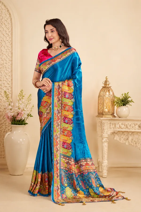 Peacock_Blue_Satin_Silk_Saree