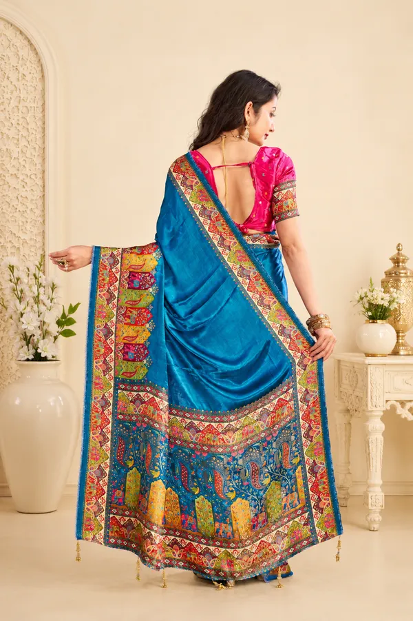 Peacock_Blue_Satin_Silk_Saree