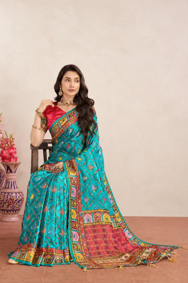 Turquoise_Blue_Satin_Silk_Patola_Saree