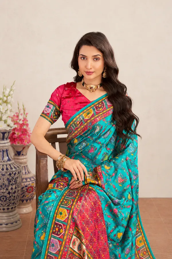 Turquoise_Blue_Satin_Silk_Patola_Saree