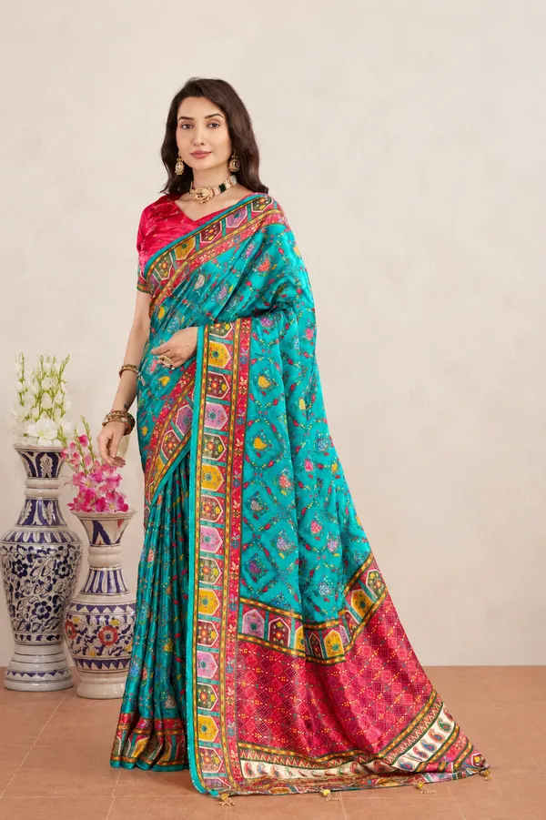 Turquoise_Blue_Satin_Silk_Patola_Saree