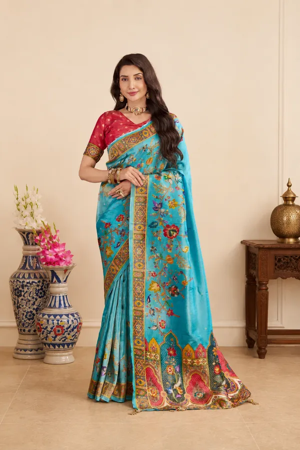 Turquoise_Blue_Viscose_Tissue_Saree