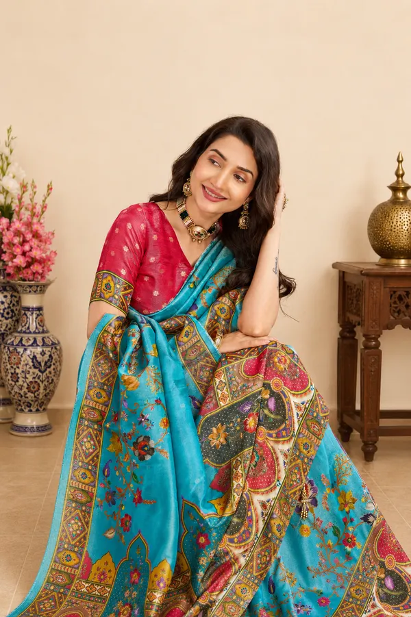Turquoise_Blue_Viscose_Tissue_Saree