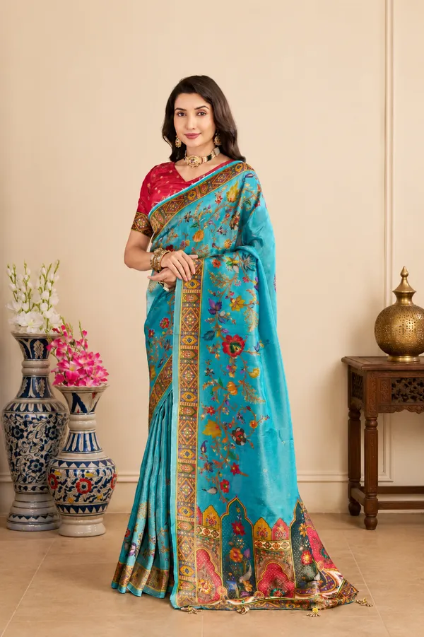 Turquoise_Blue_Viscose_Tissue_Saree