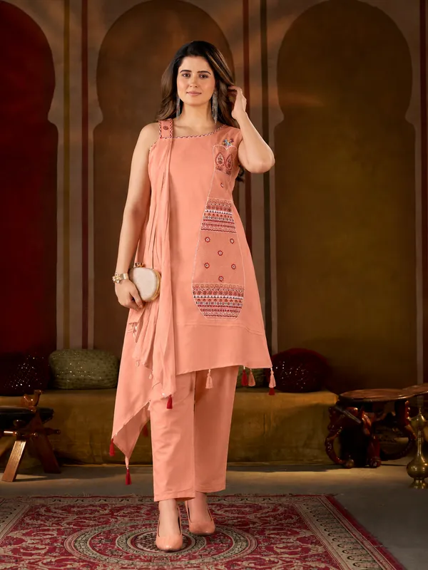 Peach_Asymmetric_Pure_Cotton_Kutchi_Bharat_Kurta_Pant_Set