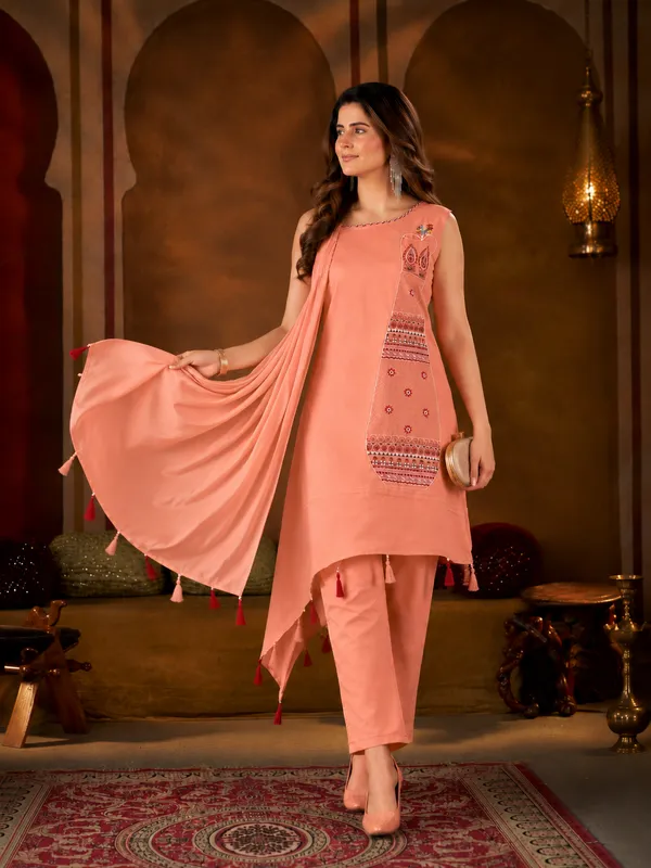 Peach_Asymmetric_Pure_Cotton_Kutchi_Bharat_Kurta_Pant_Set