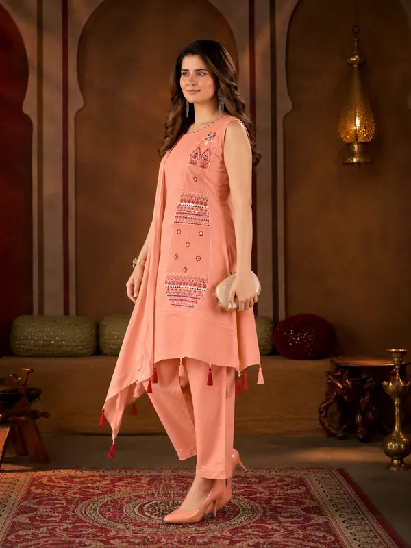 Peach_Asymmetric_Pure_Cotton_Kutchi_Bharat_Kurta_Pant_Set