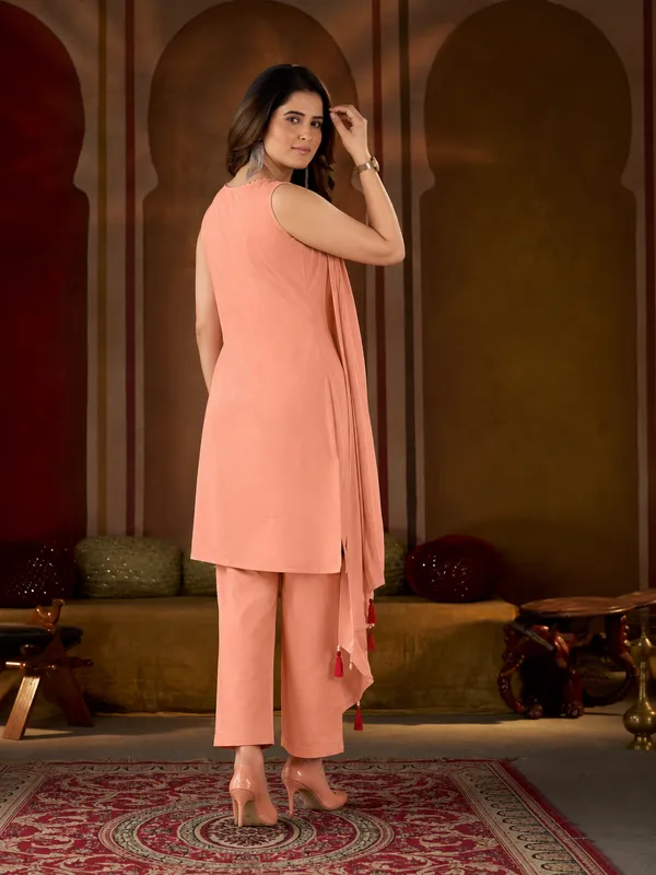 Peach_Asymmetric_Pure_Cotton_Kutchi_Bharat_Kurta_Pant_Set