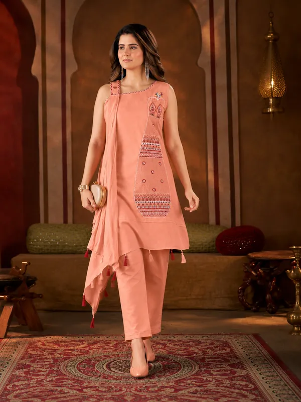 Peach_Asymmetric_Pure_Cotton_Kutchi_Bharat_Kurta_Pant_Set
