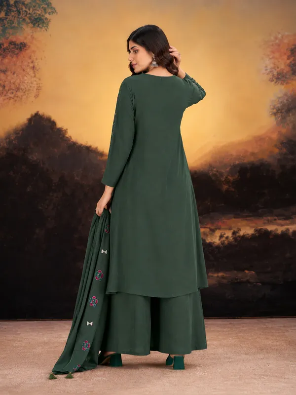 Forest_Green_Milano_Silk_Anarkali_Style_Short_Kurta_Sharara_Set_With_Floral_Embroidered_Yoke