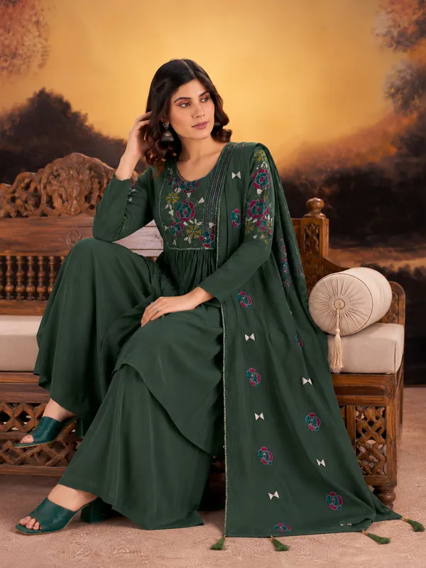 Forest_Green_Milano_Silk_Anarkali_Style_Short_Kurta_Sharara_Set_With_Floral_Embroidered_Yoke