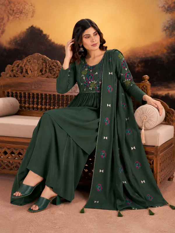 Forest_Green_Milano_Silk_Anarkali_Style_Short_Kurta_Sharara_Set_With_Floral_Embroidered_Yoke