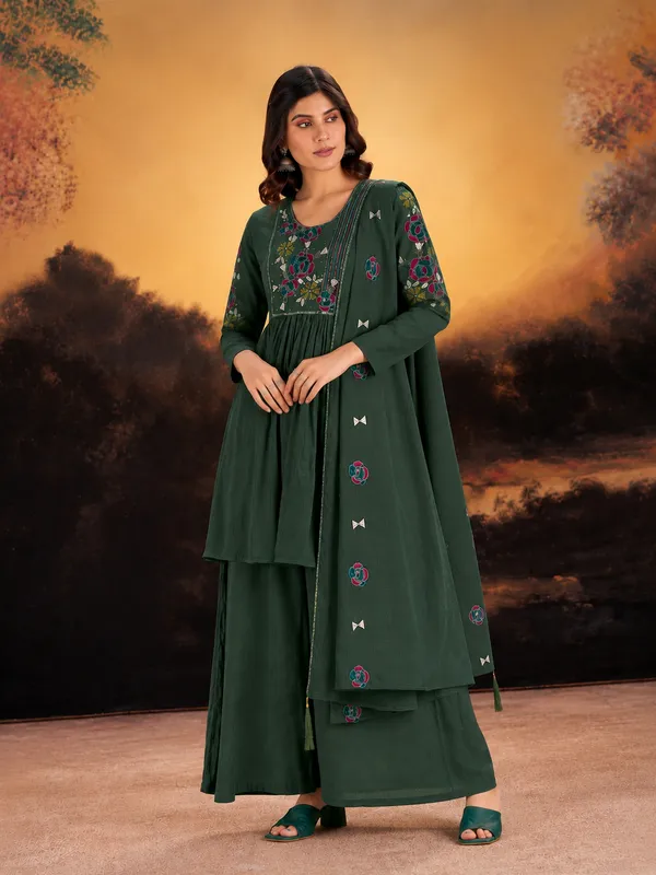 Forest_Green_Milano_Silk_Anarkali_Style_Short_Kurta_Sharara_Set_With_Floral_Embroidered_Yoke