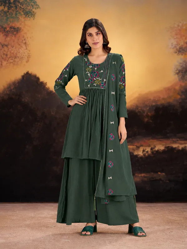 Forest_Green_Milano_Silk_Anarkali_Style_Short_Kurta_Sharara_Set_With_Floral_Embroidered_Yoke