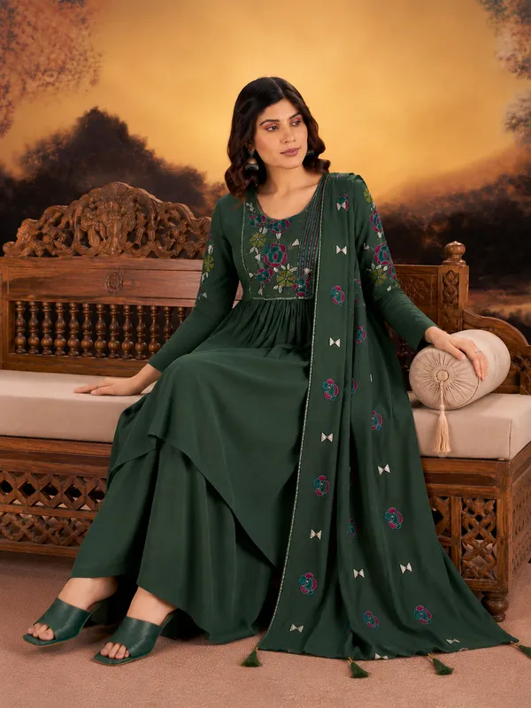 Forest_Green_Milano_Silk_Anarkali_Style_Short_Kurta_Sharara_Set_With_Floral_Embroidered_Yoke