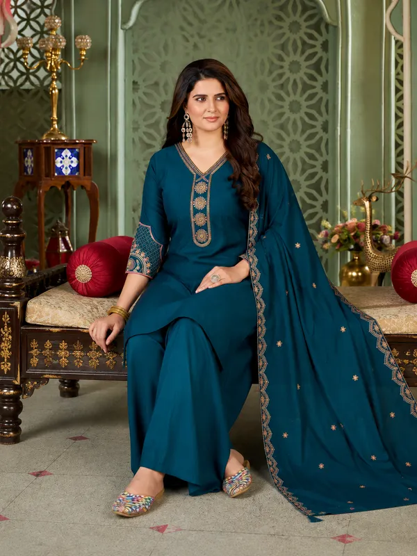Teal_Blue_Heavy_Roman_Silk_Flared_Tunic_Palazzo_Set
