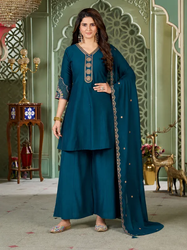 Teal_Blue_Heavy_Roman_Silk_Flared_Tunic_Palazzo_Set