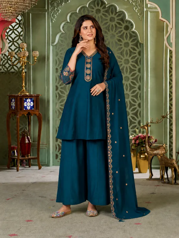 Teal_Blue_Heavy_Roman_Silk_Flared_Tunic_Palazzo_Set