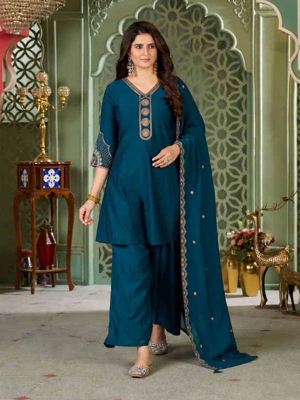 Teal_Blue_Heavy_Roman_Silk_Flared_Tunic_Palazzo_Set