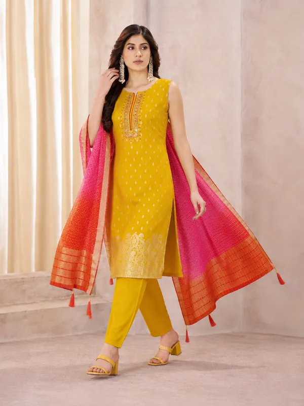Mustard_Yellow_Straight_Kurta_Pant_Set_With_Ombre_Banarasi_Dupatta