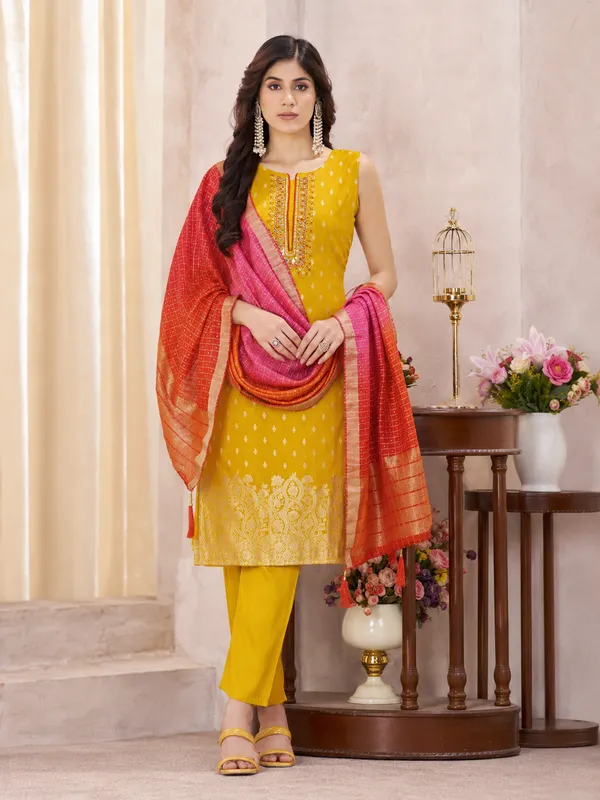 Mustard_Yellow_Straight_Kurta_Pant_Set_With_Ombre_Banarasi_Dupatta