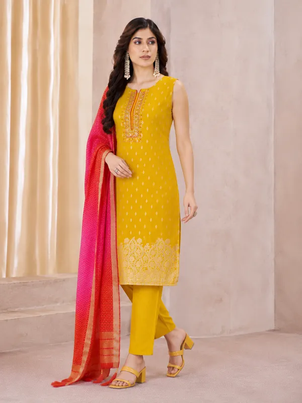 Mustard_Yellow_Straight_Kurta_Pant_Set_With_Ombre_Banarasi_Dupatta