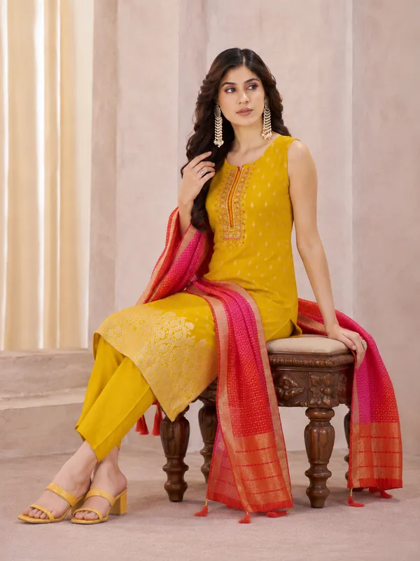 Mustard_Yellow_Straight_Kurta_Pant_Set_With_Ombre_Banarasi_Dupatta