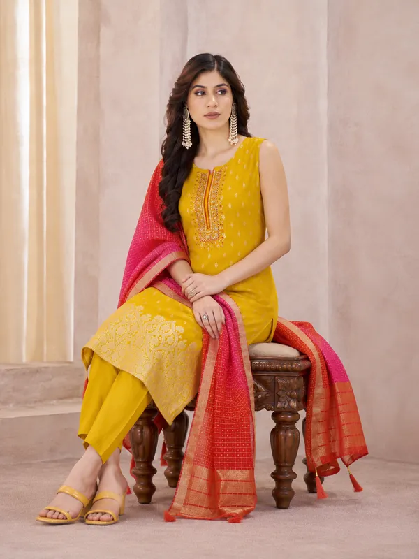 Mustard_Yellow_Straight_Kurta_Pant_Set_With_Ombre_Banarasi_Dupatta