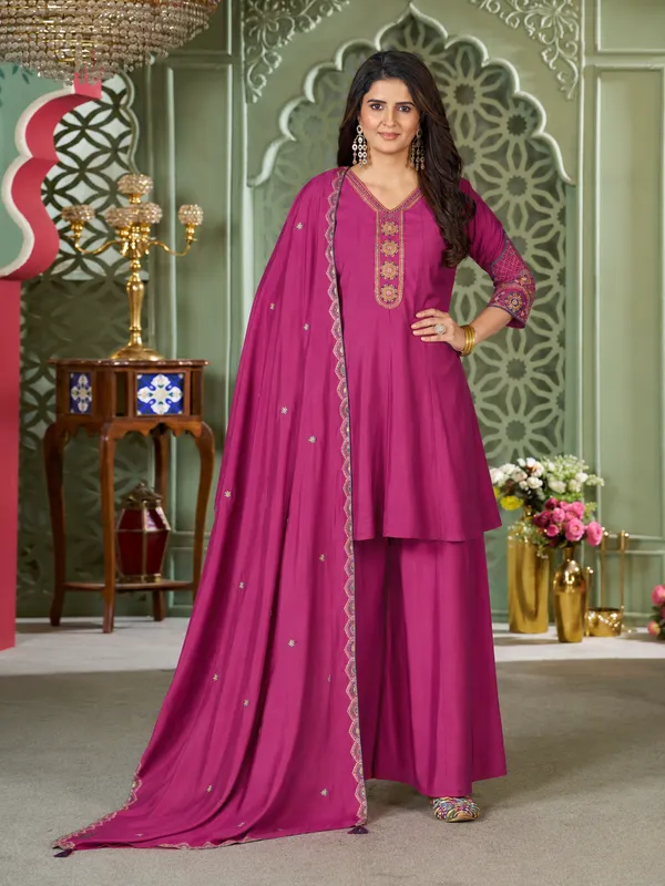 Magenta_Pink_Heavy_Roman_Silk_Flared_Tunic_Palazzo_Set