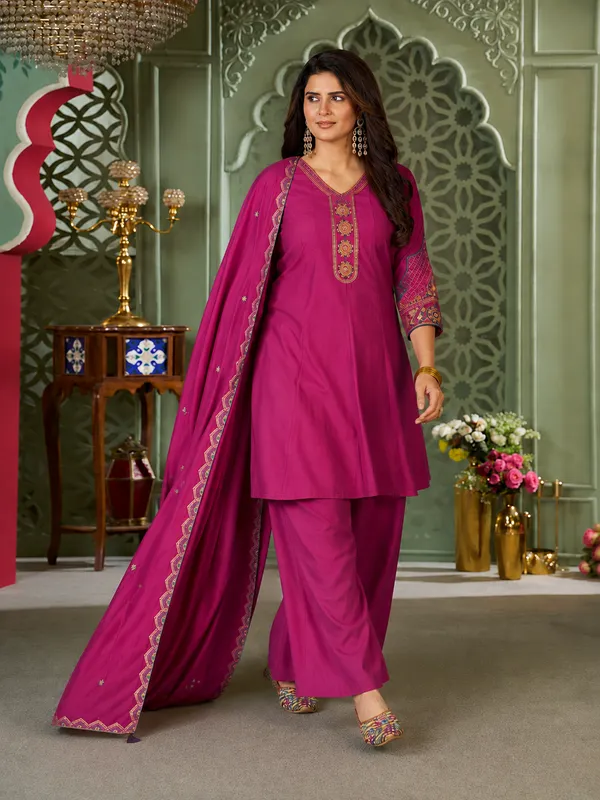 Magenta_Pink_Heavy_Roman_Silk_Flared_Tunic_Palazzo_Set