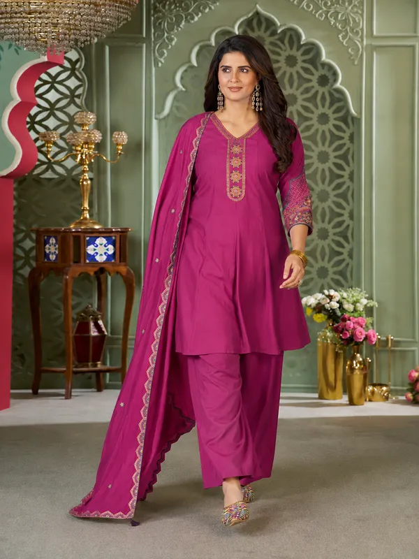 Magenta_Pink_Heavy_Roman_Silk_Flared_Tunic_Palazzo_Set