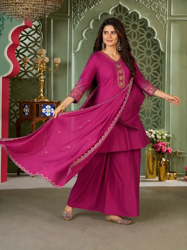 Magenta_Pink_Heavy_Roman_Silk_Flared_Tunic_Palazzo_Set