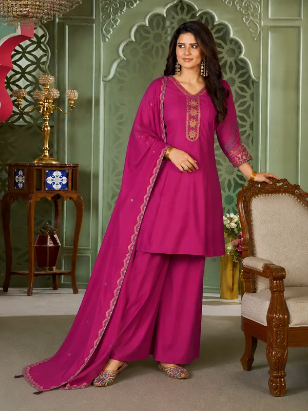 Magenta_Pink_Heavy_Roman_Silk_Flared_Tunic_Palazzo_Set