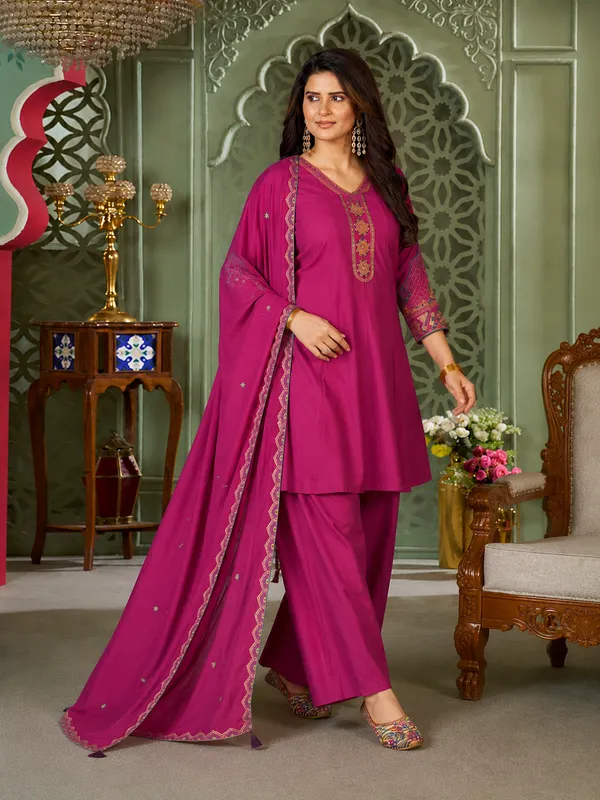 Magenta_Pink_Heavy_Roman_Silk_Flared_Tunic_Palazzo_Set
