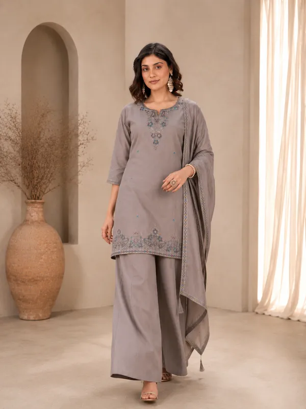 Taupe_Grey_Roman_Silk_Embroidered_Kurta_Palazzo_Set_With_Dupatta