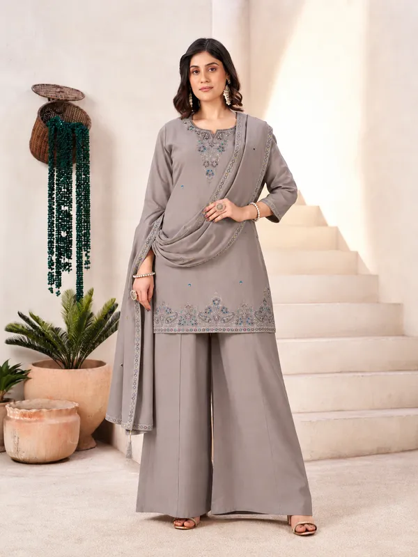 Taupe_Grey_Roman_Silk_Embroidered_Kurta_Palazzo_Set_With_Dupatta