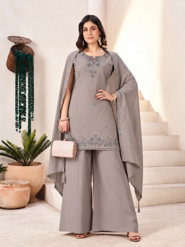 Taupe_Grey_Roman_Silk_Embroidered_Kurta_Palazzo_Set_With_Dupatta