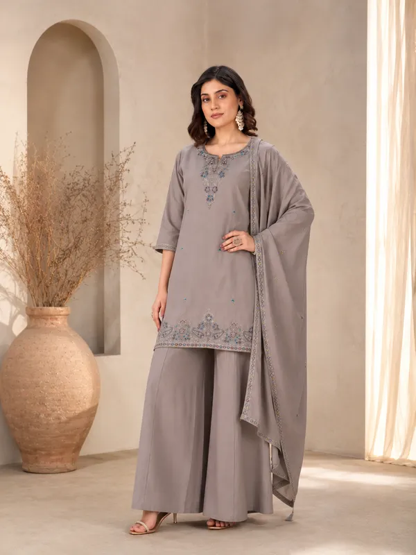 Taupe_Grey_Roman_Silk_Embroidered_Kurta_Palazzo_Set_With_Dupatta