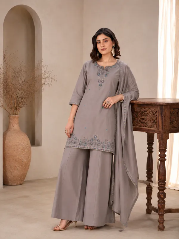 Taupe_Grey_Roman_Silk_Embroidered_Kurta_Palazzo_Set_With_Dupatta