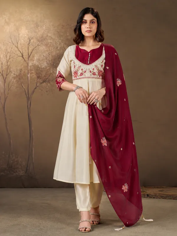 Cream_And_Maroon_Roman_Glass_Silk_Embroidered_Anarkali_Set_With_Dupatta