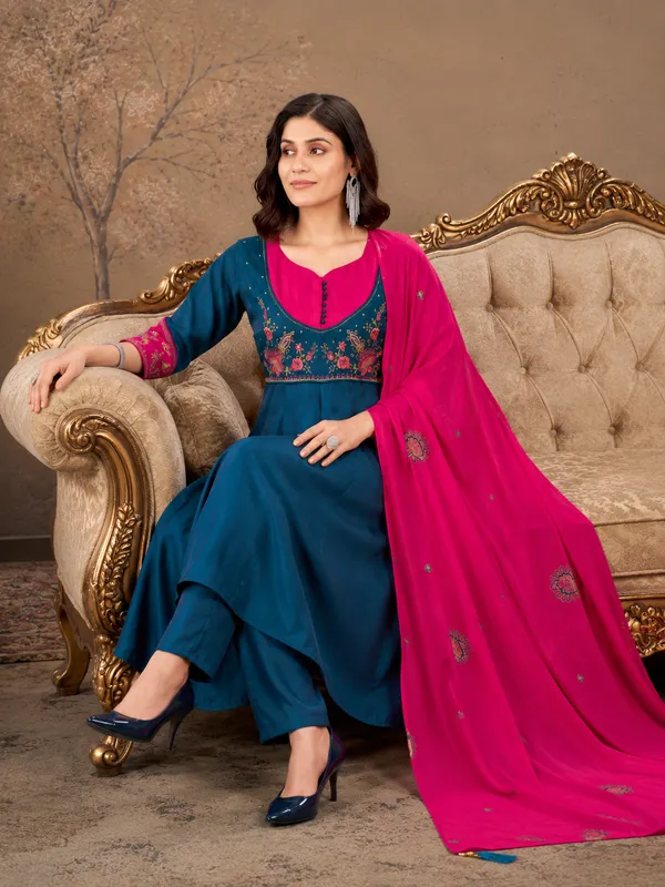 Teal_Blue_And_Rani_Pink_Roman_Glass_Silk_Embroidered_Anarkali_Set_With_Dupatta