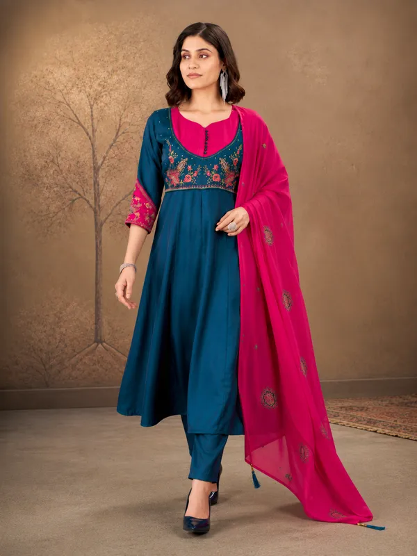 Teal_Blue_And_Rani_Pink_Roman_Glass_Silk_Embroidered_Anarkali_Set_With_Dupatta
