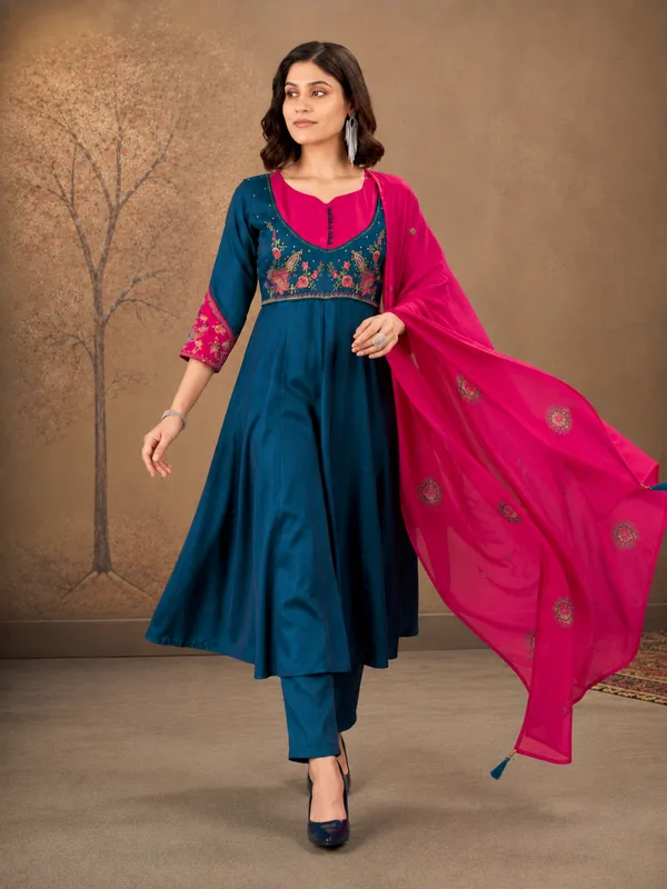 Teal_Blue_And_Rani_Pink_Roman_Glass_Silk_Embroidered_Anarkali_Set_With_Dupatta