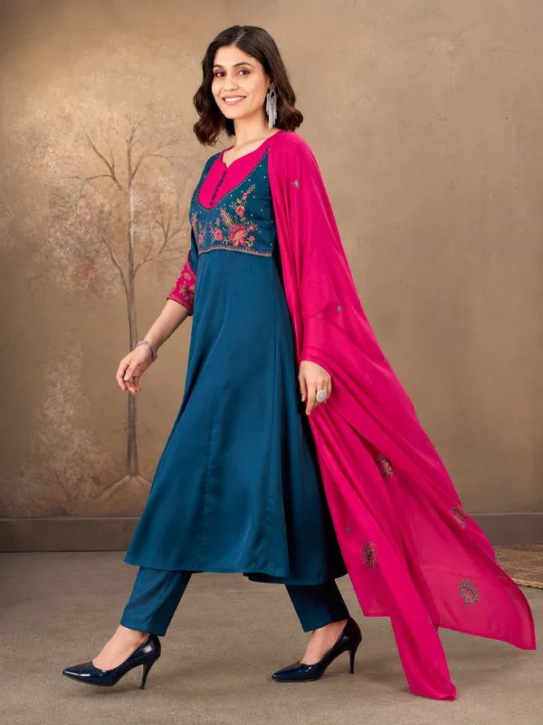 Teal_Blue_And_Rani_Pink_Roman_Glass_Silk_Embroidered_Anarkali_Set_With_Dupatta